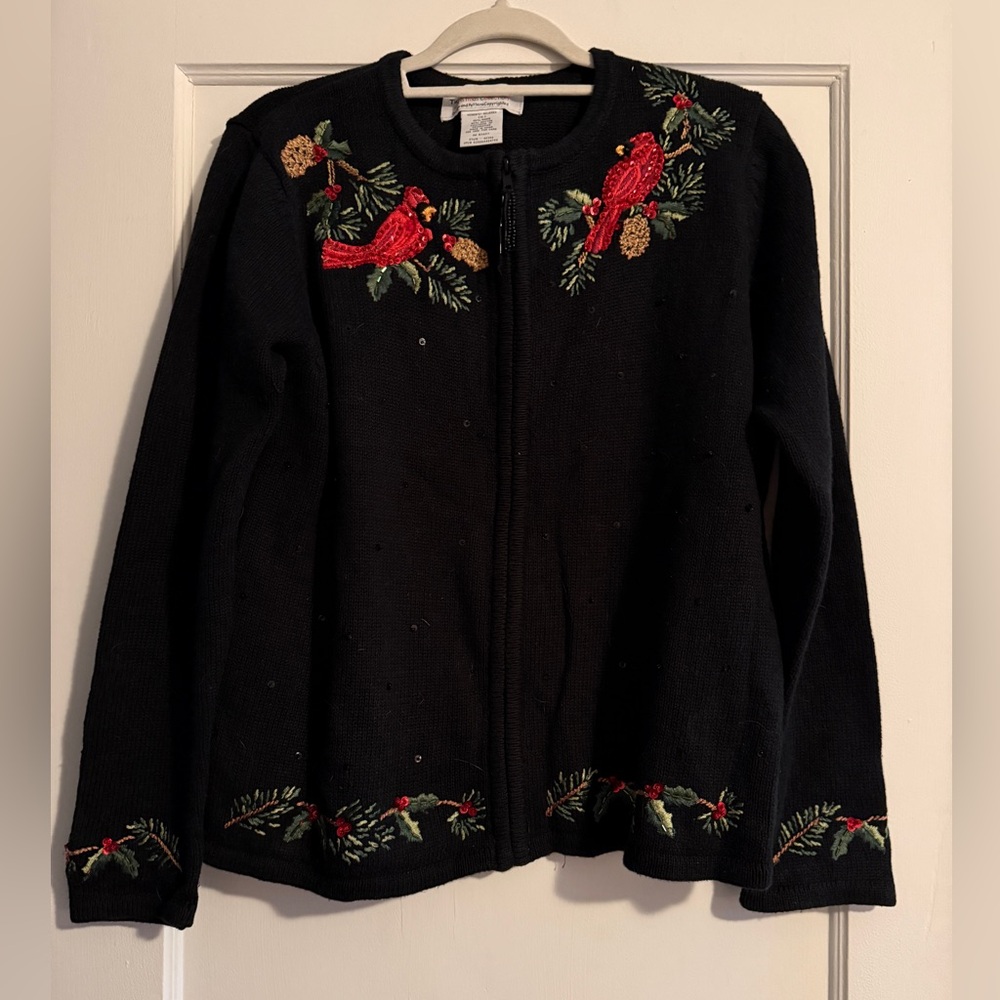 Vintage Tiara International Ugly Christmas Zip Cardigan Cardinal Holly Size XL